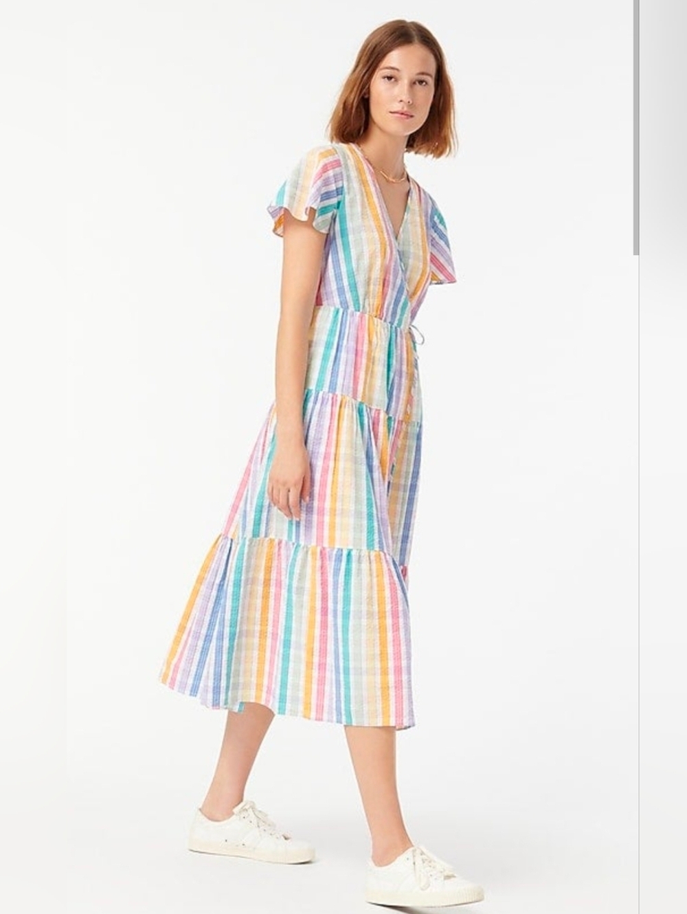NWT J.Crew Faux-wrap Midi in Rainbow Gingham Striped Tiered Dress 2